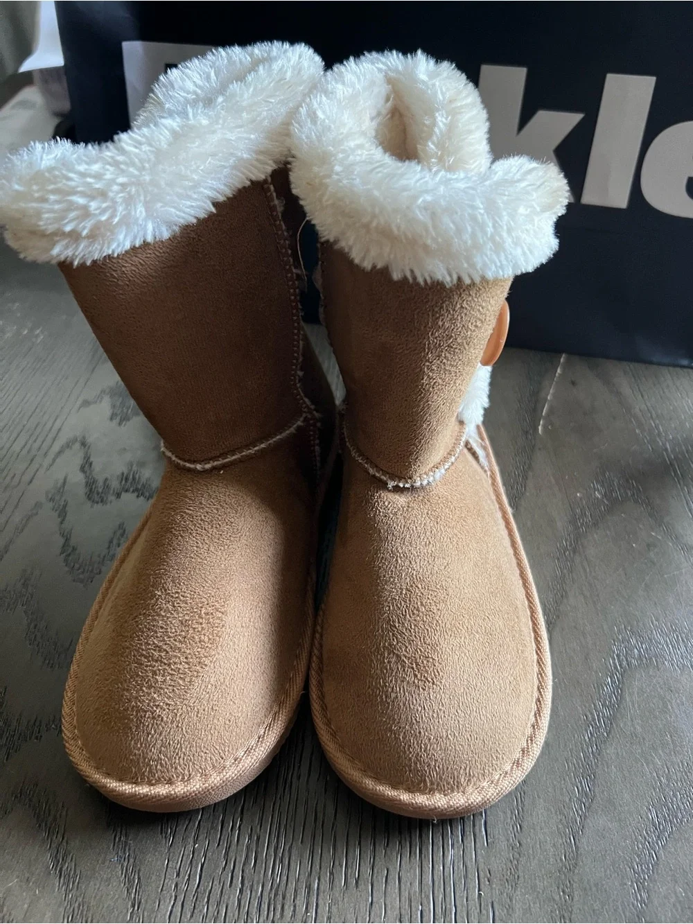 Kids Cozy Faux-Suede Button Boot with Plush White Lining - Brown